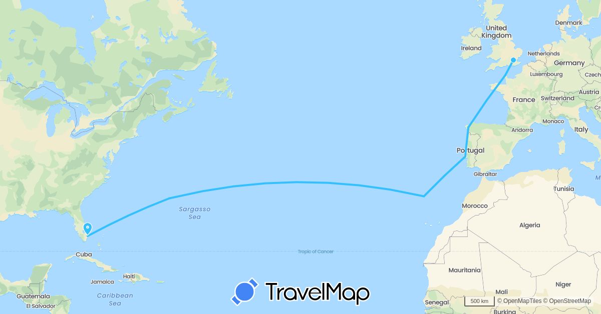 TravelMap itinerary: driving, boat in Bermuda, Spain, France, United Kingdom, Portugal, United States (Europe, North America)
